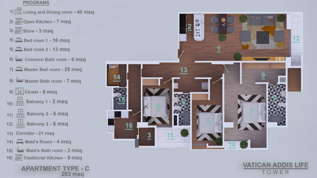 Addis Life Real Estate - African Union Tower - 3 Bedroom - Type A